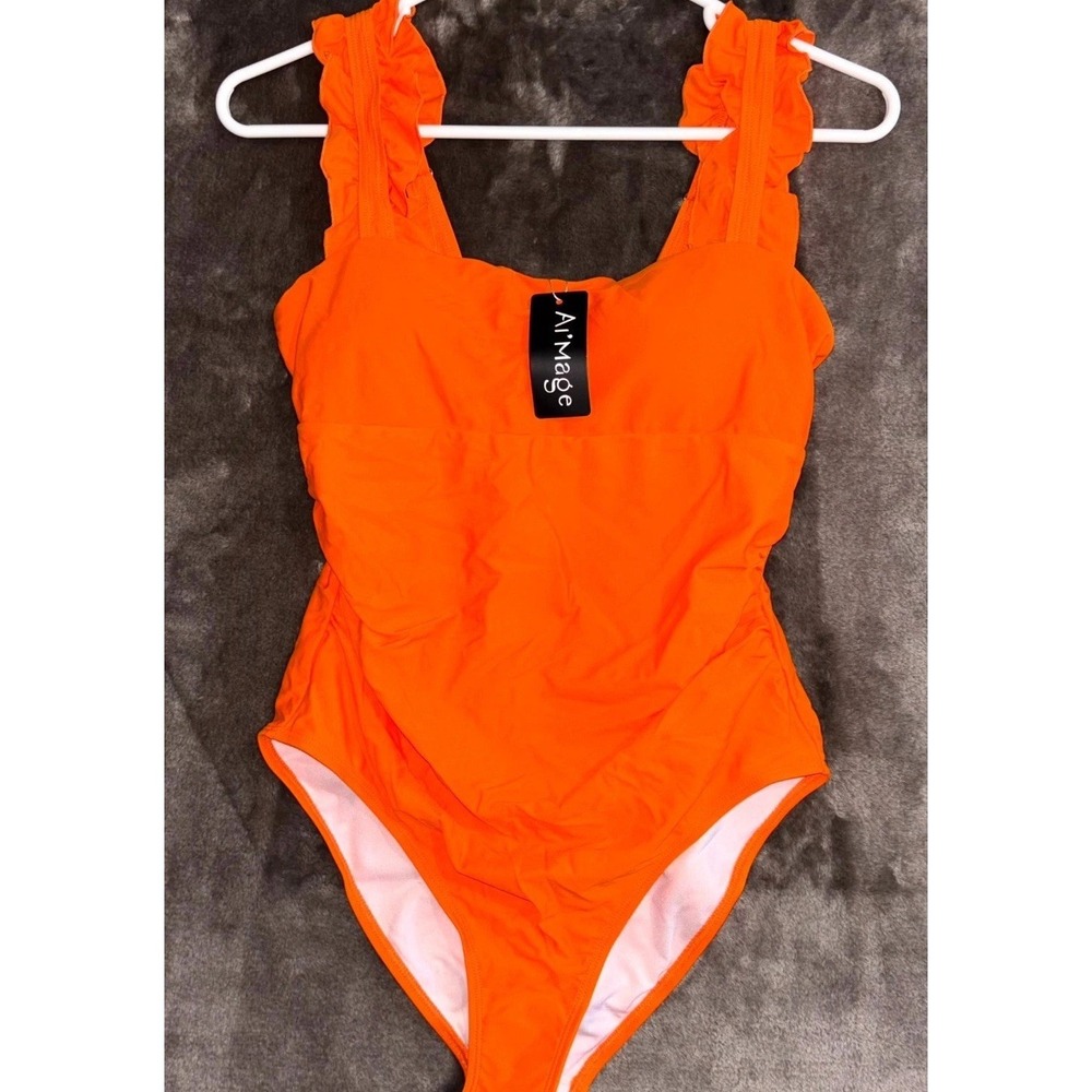 AI'MAGE Orange One Piece Swimsuit Womens Small Tummy Control Ruffle Strap